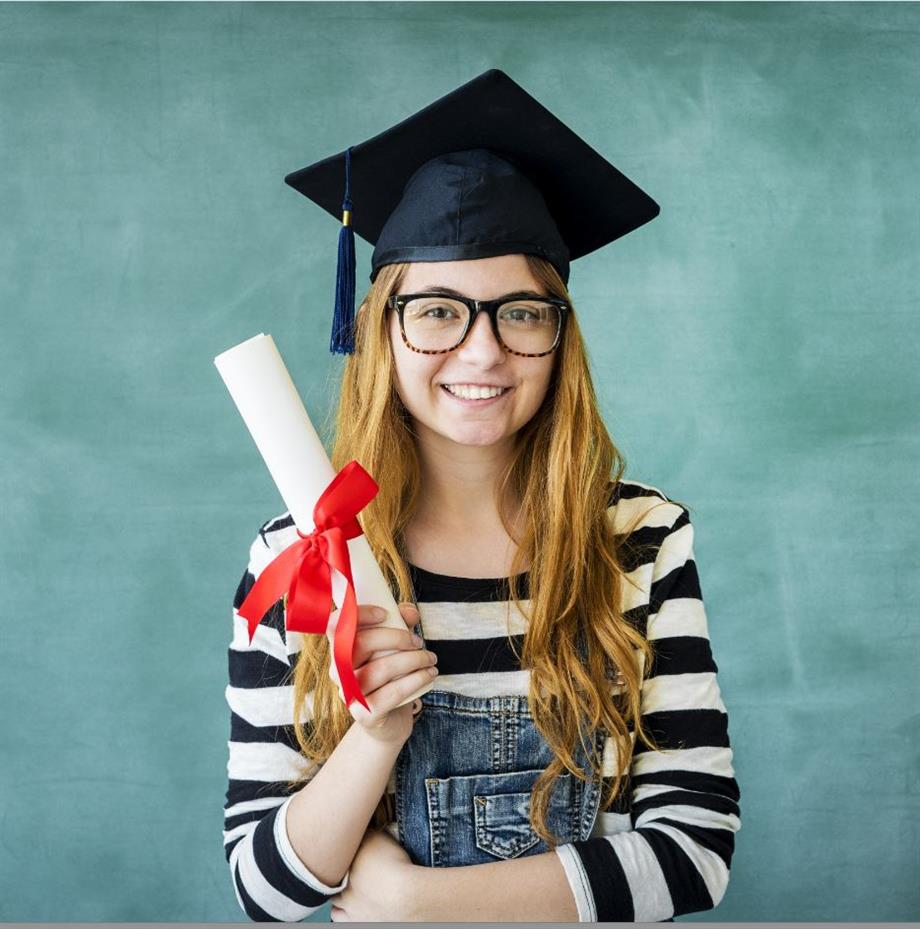  Female student with graduation cap holding a diploma