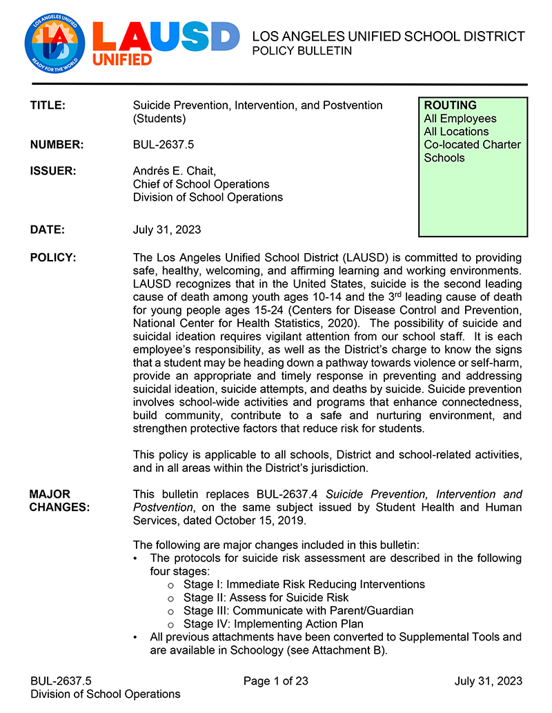 BUL-2637.7 - Suicide Prevention, Intervention, and Postvention - Handout